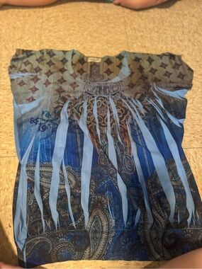 Y2K ONE WORLD Blue Paisley & Striped Short Sleeve Tee